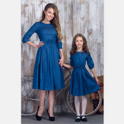 2020 Spring New Family Matching Outfits Pure Color Velvet Bow Parent-child Dress Mother Daughter Matching Dress 