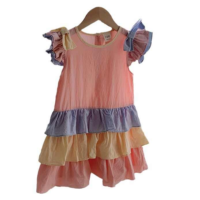 Girls Summer Casual Floral Print Rainbow Flying Sleeve Outerwear Dress for Girls