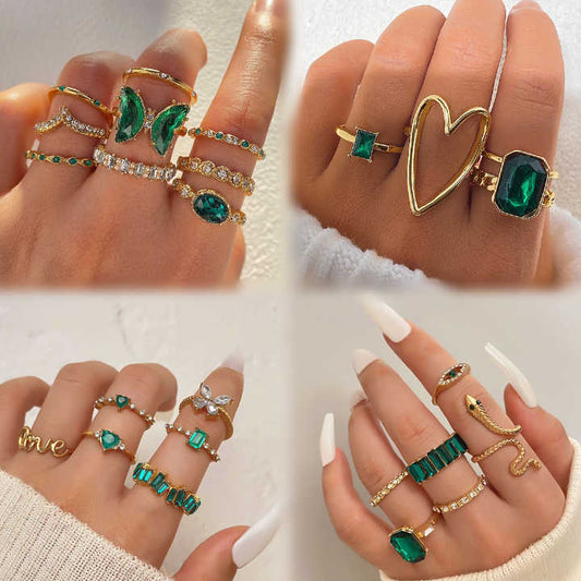 Fashion Green Stone Butterfly Snake Ring Set 