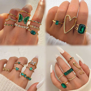 Fashion Green Stone Butterfly Snake Ring Set 