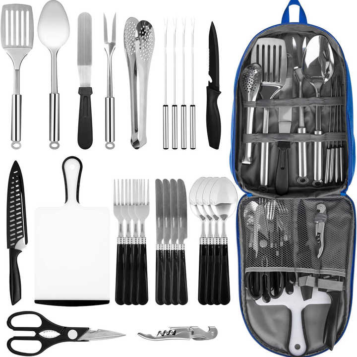 المحمولة التخييم مجموعة أدوات المطبخ ، الفولاذ . Portable Camping Kitchen Utensil Set, Stainless