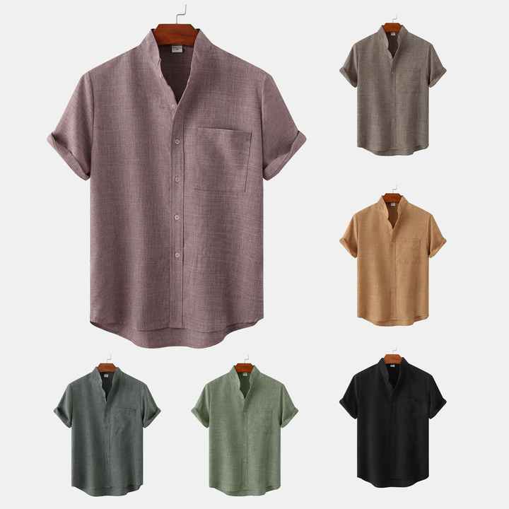 Summer Fashion Men's Casual Solid Color Stand Collar Short Sleeve Cotton Linen Breathable Knitted Top Pocket Shirt 