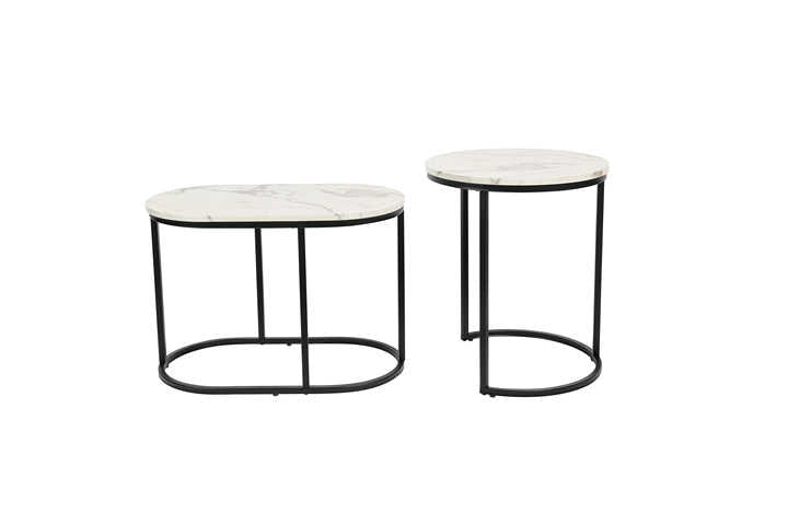 Nesting of two modern round white marble wood tables, black metal frame, oval top and black leg 