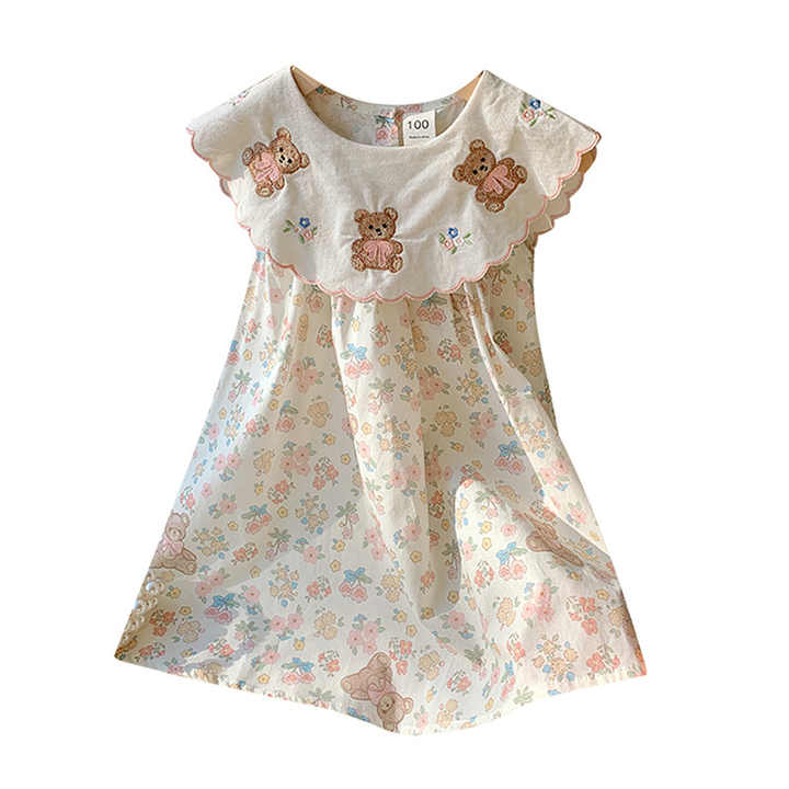 Summer Children's Floral Vest Skirt Girl Clothes- Girls Embroidered Bear Collar Dress 