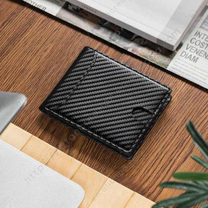 Men's Short Carbon Fiber Leather Bifold Wallet in Black 
