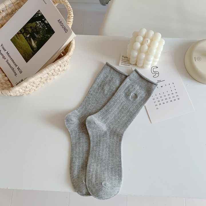 Fashion Embroidered Cotton Women's Socks UF4306 Simple Mid-Length Socks, Soft Long Socks 
