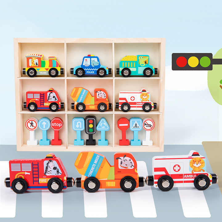 Educational wooden traffic train toy for toddlers includes: 