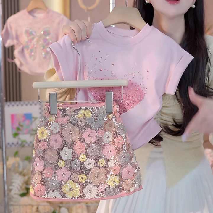 Girls' Fashion Summer 2-Piece Suit Short Sleeve T-Shirt and Skirt 