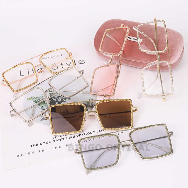 Wholesale Rectangular Glasses Crystal Bling Loose Fit Clear Lens Rhinestone Anti Blue Big Square Women Diamond Sunglasses 