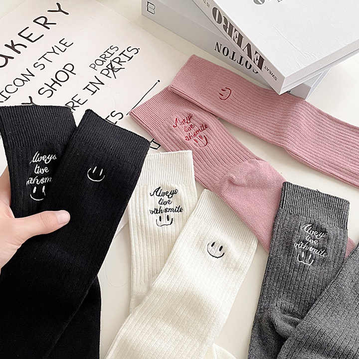 Smiley Face Embroidery Letters Crew Socks