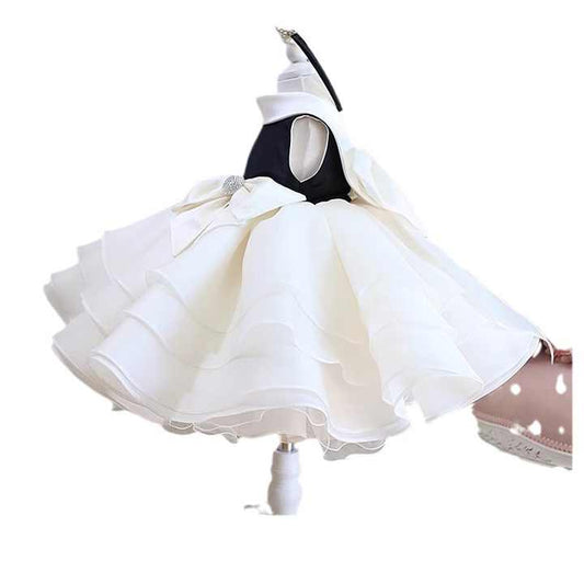 Solid White Bows Sleeveless Kids Evening Dress 