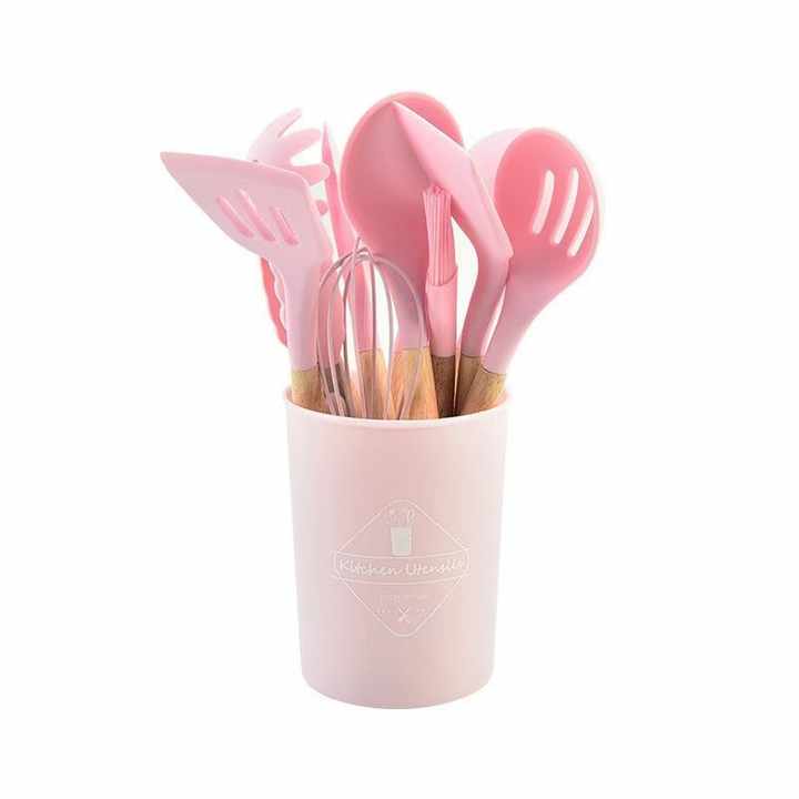 12 Piece Kitchen Accessories Set Non-Stick Kitchen Tools Silicone Spatula Cooking Utensil Set with Wooden Handle 