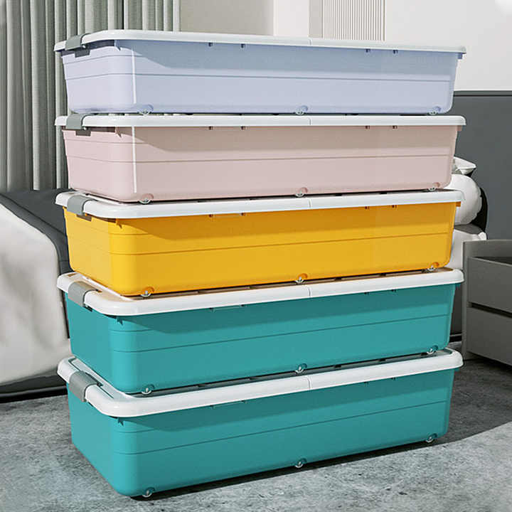 PP Stackable Plastic Bottom Box Multi-Organizer Clothes Toy Storage Bins with Wheels for Home Use 