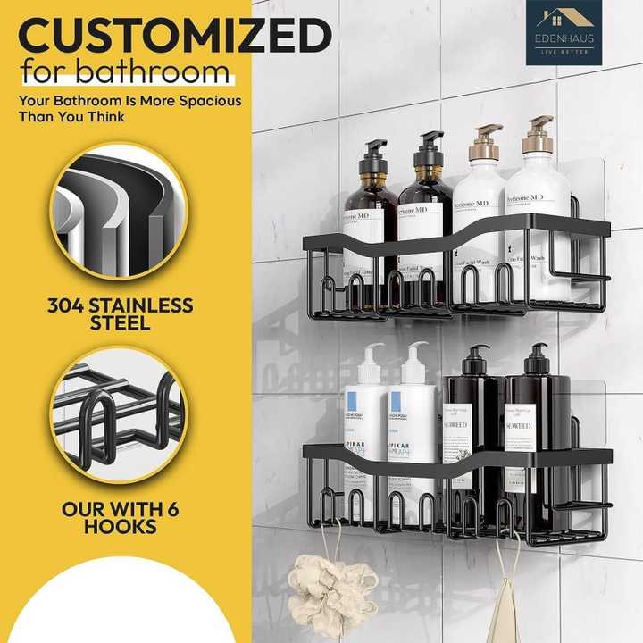 5 Piece Set Wall Mounted Bathroom Shelf Black Iron Bathroom Shower Shelves Kitchen Self Adhesive Metal Storage Rack