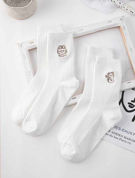 White Animal Embroidery Korean Socks Women's Adult Socks, White Embroidered Women's Socks