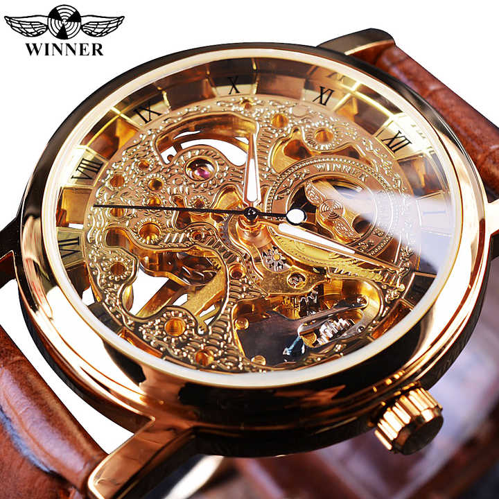Winner Men's Watches, Luxury Transparent Gold 