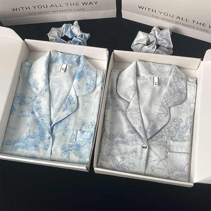 Women's Summer Sleepwear Long Sleeve 2 Piece Satin Pajama Set for Women 