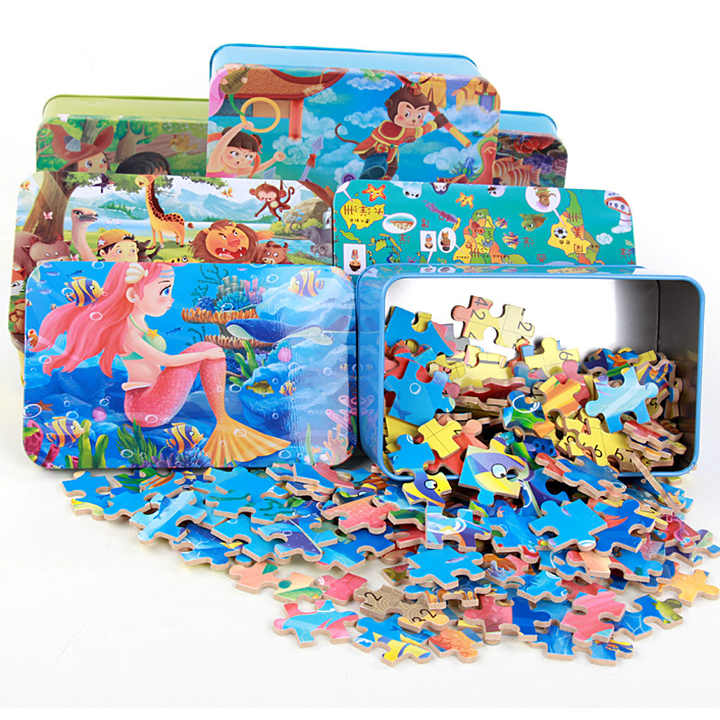 200 Pieces Child Cartoon Puzzle Iron Wooden Box.