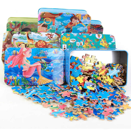 200 Pieces Child Cartoon Puzzle Iron Wooden Box.