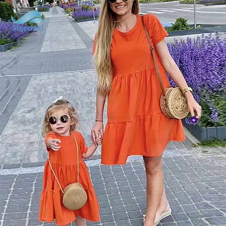 Custom Comfortable Stretch Elegant Summer One Piece Skirt Mother and Daughter Cotton Linen Family Matching Dress 