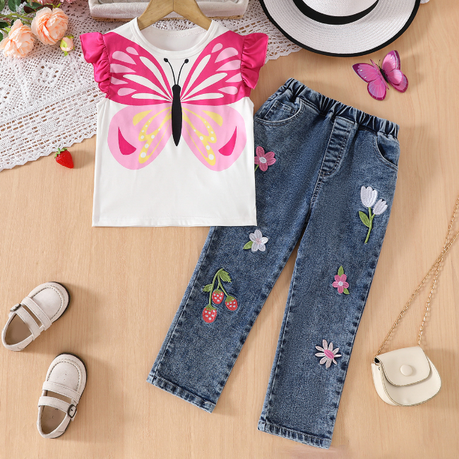 CL6862 Sweet Design Girls' Jeans and Cotton Shirt Set Casual 2 Piece Set 