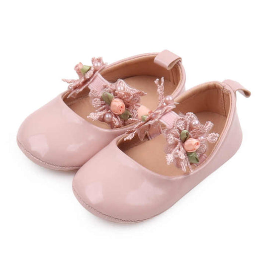 طفل الفتيات تصميم بلون واحد مع زهرة الدانتيل وأحذية الأميرة تنفس Baby girls solid color design with lace flower and breathable princess shoes
