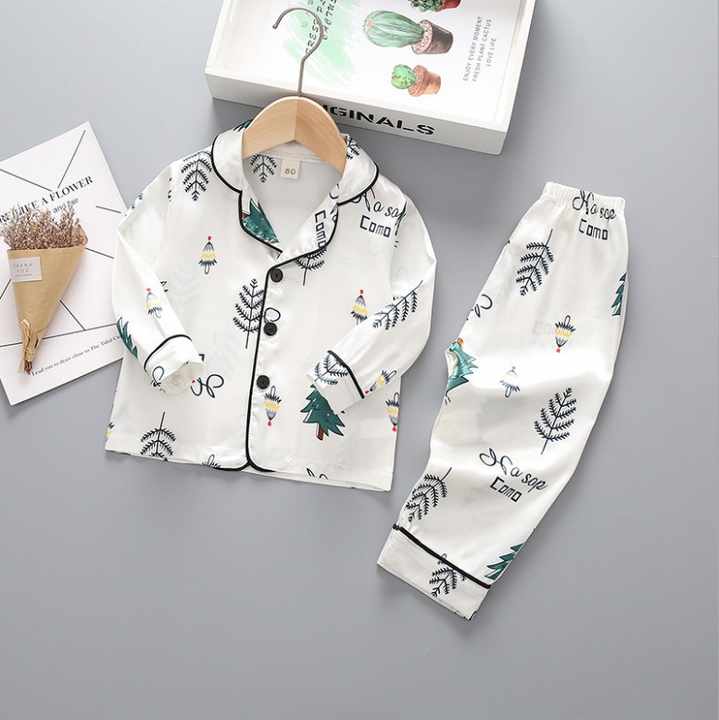 طقم ملابس نوم من الساتان بأكمام طويلة للأطفال مطبوع على الموضة Fashion Printed Kids Long Sleeve Satin Sleepwear Set
