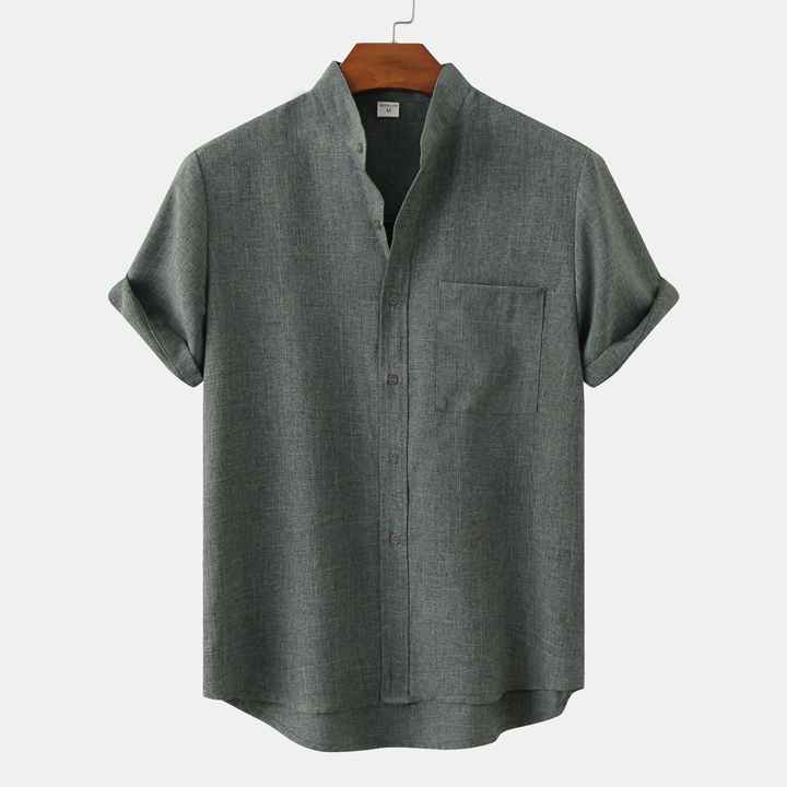 Summer Fashion Men's Casual Solid Color Stand Collar Short Sleeve Cotton Linen Breathable Knitted Top Pocket Shirt 