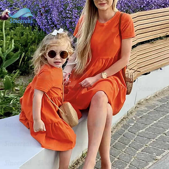 Custom Comfortable Stretch Elegant Summer One Piece Skirt Mother and Daughter Cotton Linen Family Matching Dress 