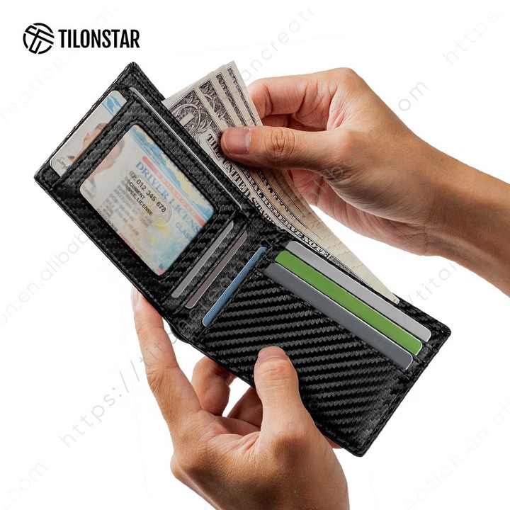 Men's Short Carbon Fiber Leather Bifold Wallet in Black 