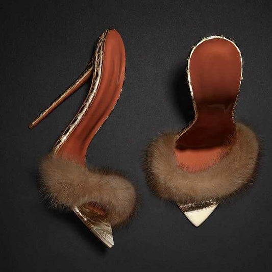 Luxury women's mink fur heel shoes 