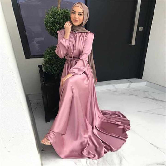 Women Muslim Satin Silk Puff Long-Sleeve Maxi Dress 
