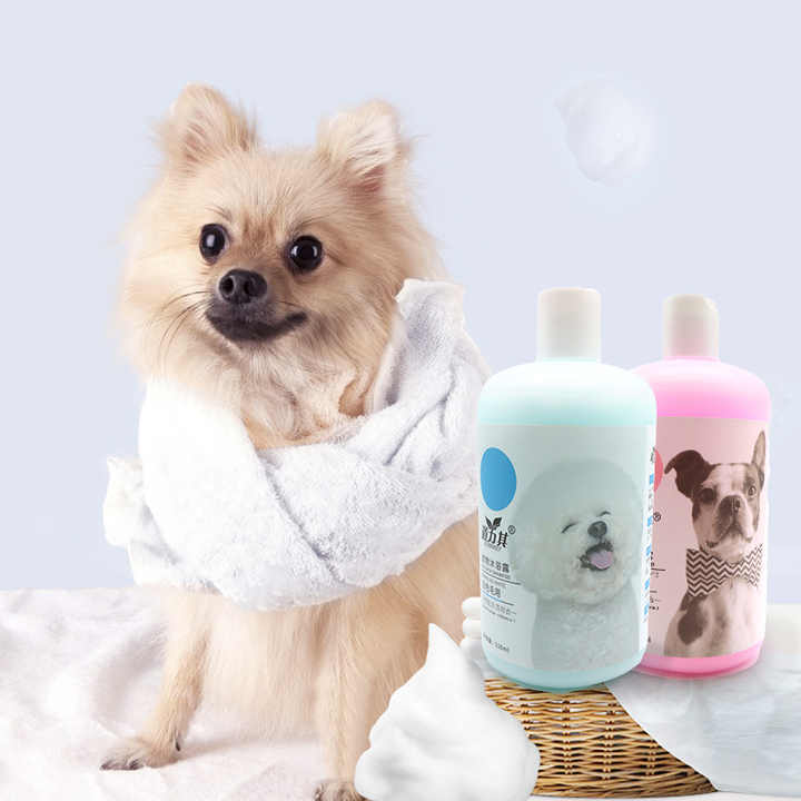 Pet shampoo and conditioner for dogs and cats. Cleaning tools. 