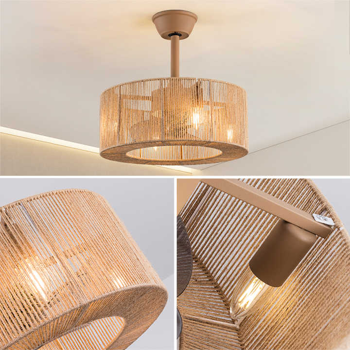 مروحة سقف LED منسوجة من الخيزران بدون . Southeast Asia Style Vintage Bamboo