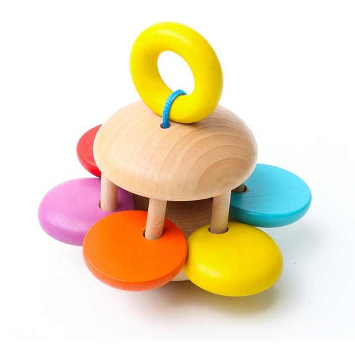 Wooden hand bell toy for toddlers with a safe and intelligent educational handle. 