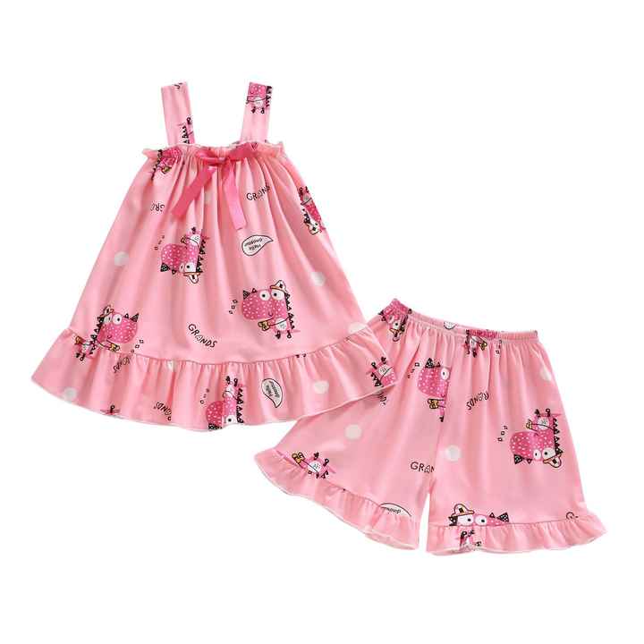 Summer New Cartoon Baby Girls Nightgown Home Clothes Set Children Princess Suspender Dress Pajamas 