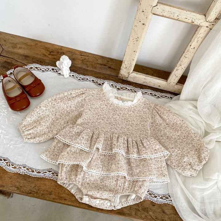 Engepapa Autumn Baby Romper, Girls Printed Long Sleeve Romper, Lace Cotton Baby Clothesبدلة أطفال خريفية من Engepapa ، رومبير بأكمام طويلة مطبوع للفتيات ، ملابس أطفال قطنية من الدانتيل