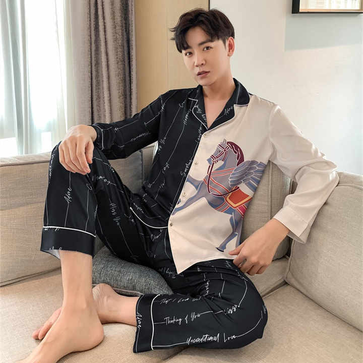 Men's Ice Silk Autumn Pajamas Pajamas 