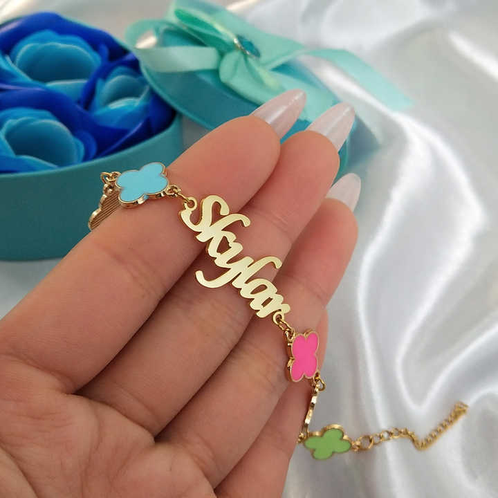 Kids Accessories Color Four Leaf Clover Name Bracelet Custom Initial Name Gold Plated 