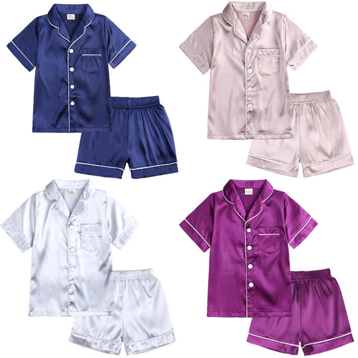 New Summer Casual Comfortable Sleepwear Boys Girls Sleepsuit Pajamas Set Soft Silk Solid Color 