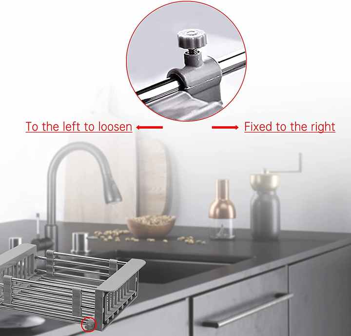 حوض قابل للتعديل ، مصفاة أطباق ، سلة من الفولاذ المقاوم للصدأ المقاوم للصدأ فوق الحوض Adjustable sink, dish drainer, stainless steel basket over the sink