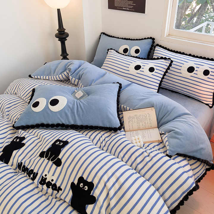 New Winter Striped Velvet Bedding Set 4 Pieces Thick 