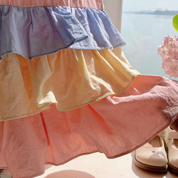 Girls Summer Casual Floral Print Rainbow Flying Sleeve Outerwear Dress for Girls