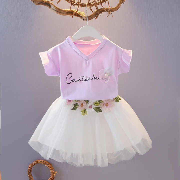Summer girl Korean version cheap price pure cotton top + puffy skirt 2 pieces children's clothing set 