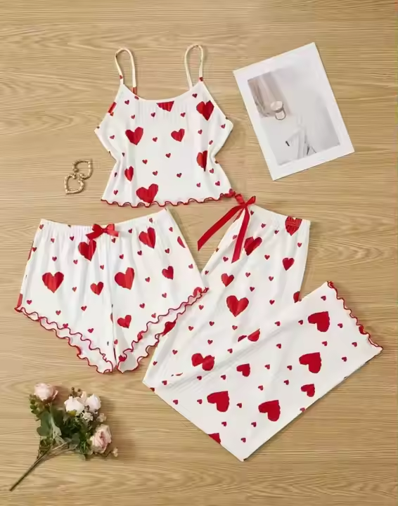 Women's Plus Size Sleepwear Sets Elegant Elastic Waist Summer Pajamas Love Heart Print Soft Knitted Sweet Straps 