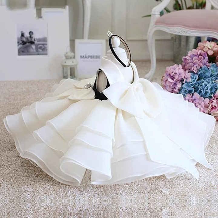 Solid White Bows Sleeveless Kids Evening Dress 