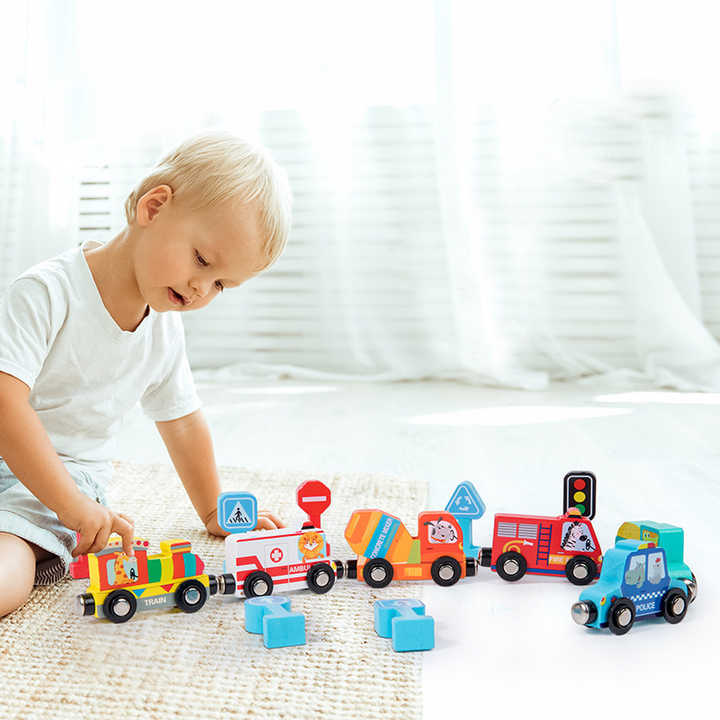 Educational wooden traffic train toy for toddlers includes: 