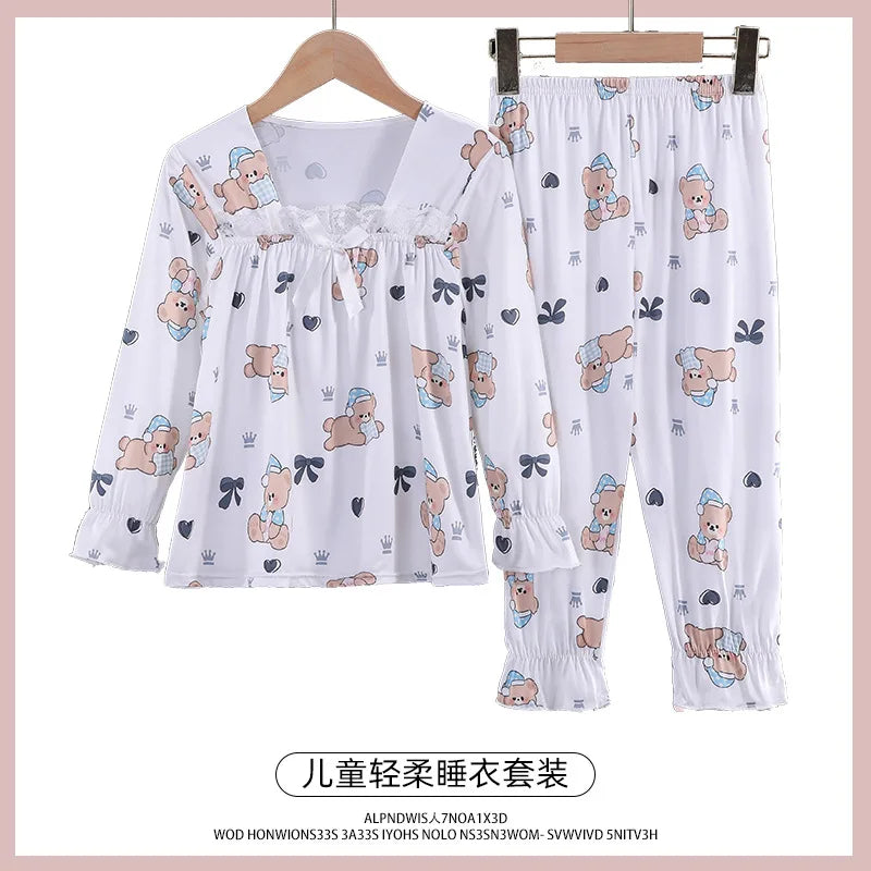 Spring Long Sleeve Pajamas Set, Princess Style Square Collar Pajamas, Cute Cartoon Print Thin Children's 