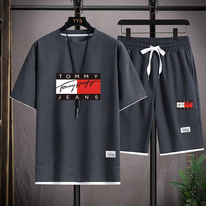 Men's Sportswear Short Sleeve Top and Printed Shorts Long-lasting for Summer Training and Performance Enhancement 