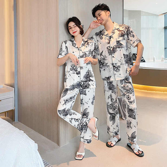 Summer New Ice Silk Couple Pajamas 